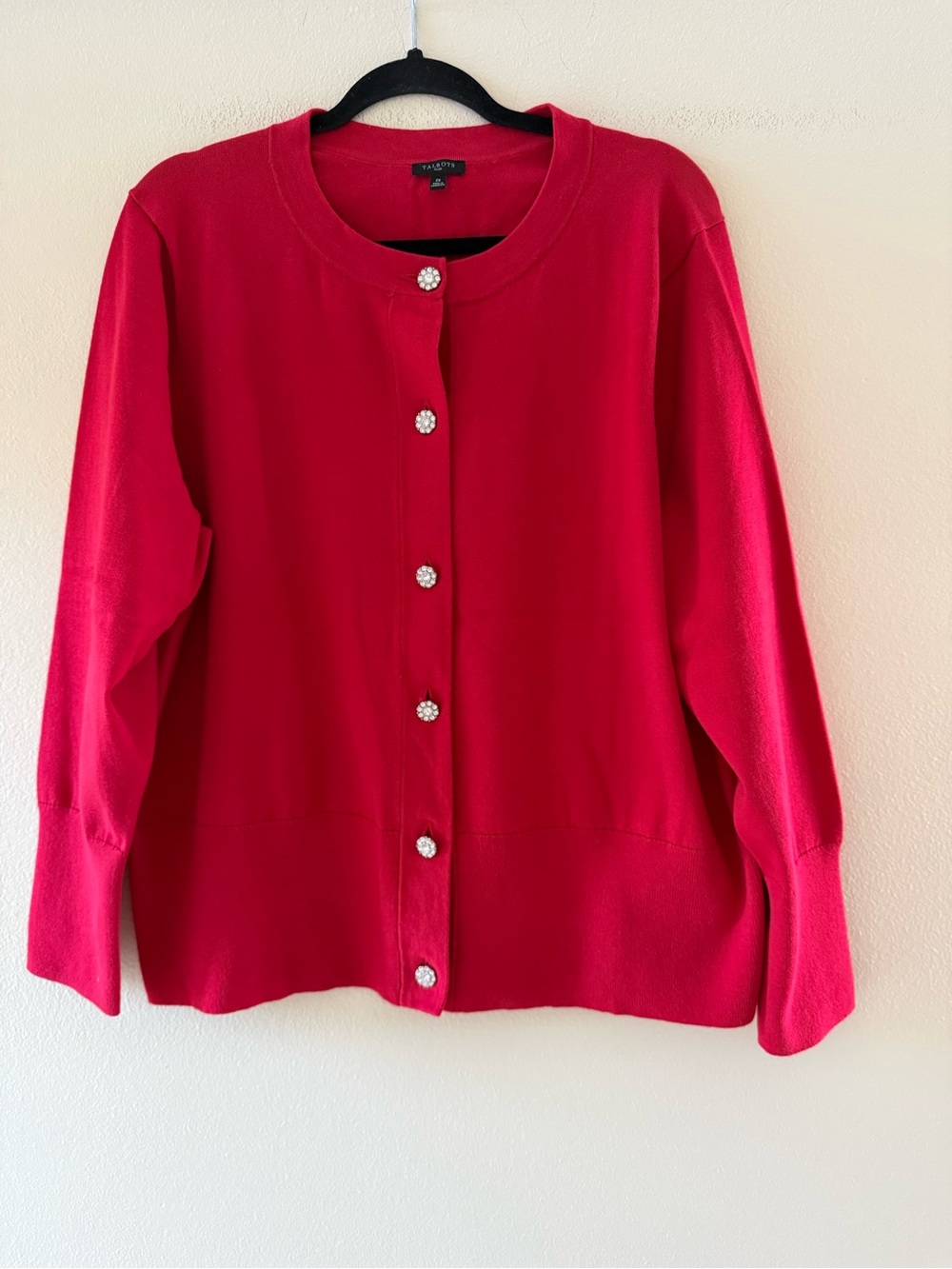 Talbots Bright Red Jewel-Button Crewneck Cardigan Holiday Sparkle